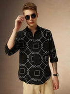 Dennis Lingo Men Black Geometric Print Relaxed Fit Full Sleeve Spread Collar Shirts