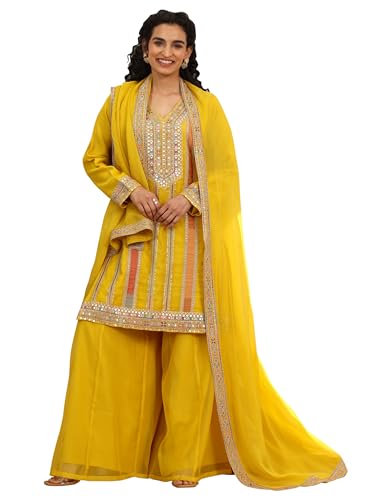 Libas Art Womens Embellished Organza Straight Kurta With Palazzos And Dupatta