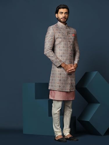 Kisah MenS Grey And Pink Indo-Western Kurta Sherwani Churidar Set Cotton Full Sleaves, Knee Length, Straight, Regular Fit, Mand