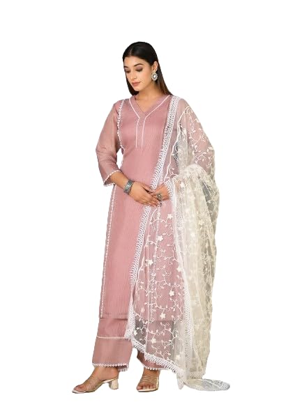Varanga Women Mauve Kota Check Cotton Lace Kurta With Bottom And Dupatta