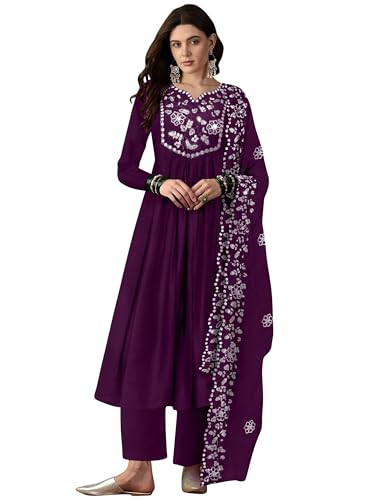 Toochki Women'S Muslin Anarkali Embroidered Kurta With Palazzo & Dupatta Purple