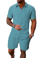 Tagdo MenS 2-Piece Black Summer Outfit - Short-Sleeve Shirt And Matching Shorts - Casual Beachwear Set (Men-Coord-2034-Aqua-M)