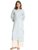 VAIRAGEE Womens Rayon Straight Cut Round Neck Kurta with Beautiful Lucknowi Chickenkari Work (1593) Sky