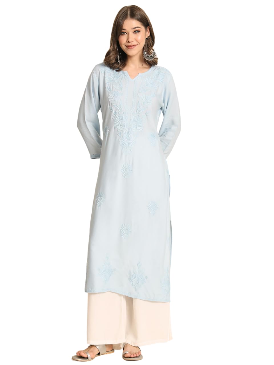 VAIRAGEE Womens Rayon Straight Cut Round Neck Kurta with Beautiful Lucknowi Chickenkari Work (1593) Sky