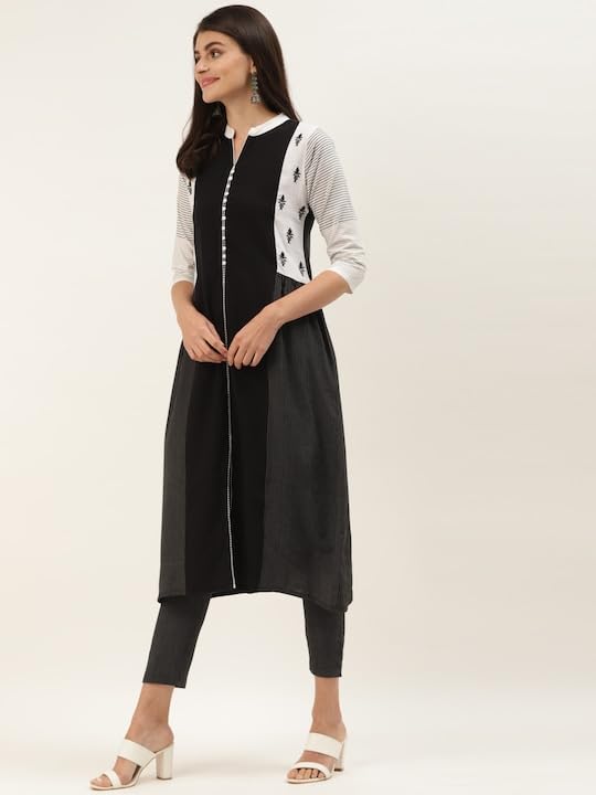 Varanga Women Black & White Striped Kurta With Trousers