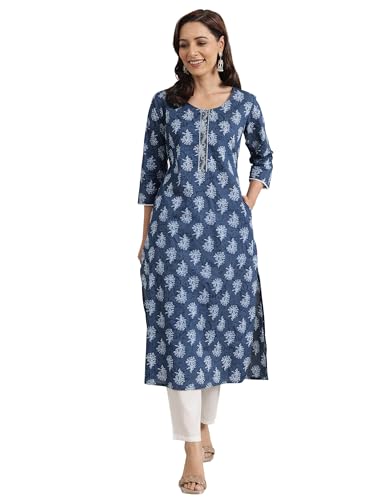 Libas WomenS Cotton Floral Printed Straight Kurta (98020O_Blue_Xl)