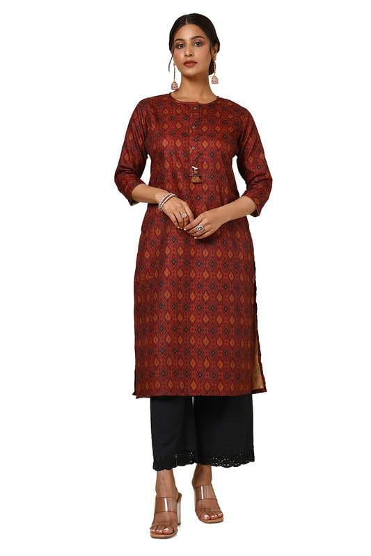Soch Womens Maroon Linen Blend Ikat Print Kurta with Tassels