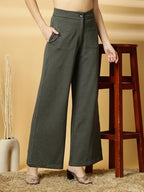 OOMPH! High Waist Trousers for Women  Flared Korean Style Formal Pants | Elegant Workwear for Office, College & Events Olive Gre