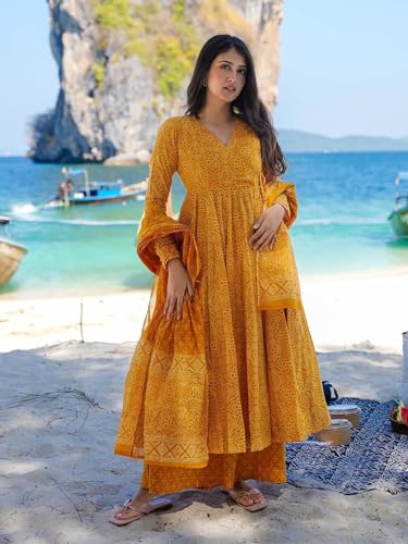 ANNI DESIGNER Womens Rayon Viscose Anarkali Printed Kurta with Palazzo & Dupatta (Sinners Yellow_M_Yellow_Medium)