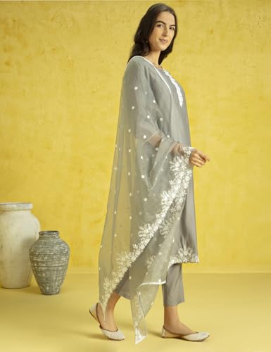 Kaari Roman Silk Womens Kurta Set (KAAAW24WSKD-78860_Ghazal Grey