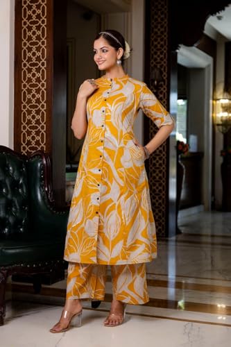 ANNI DESIGNER Womens Rayon Viscose Straight Printed Kurta with Palazzo (Diboli Yellow_M_Yellow_Medium)