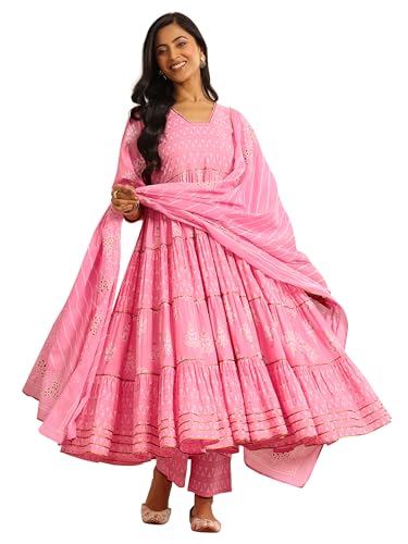 Pink Floral Printed Anarkali Panelled Kurta With Printed Trouser And Striped Dupatta