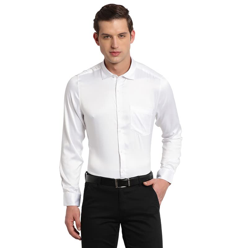 Turtle Men Satin Solid Slim Fit Party Shirts White