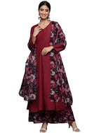 Varanga Women Maroon Anarkali Kurta Paired With Contrast Bottom And Dupatta
