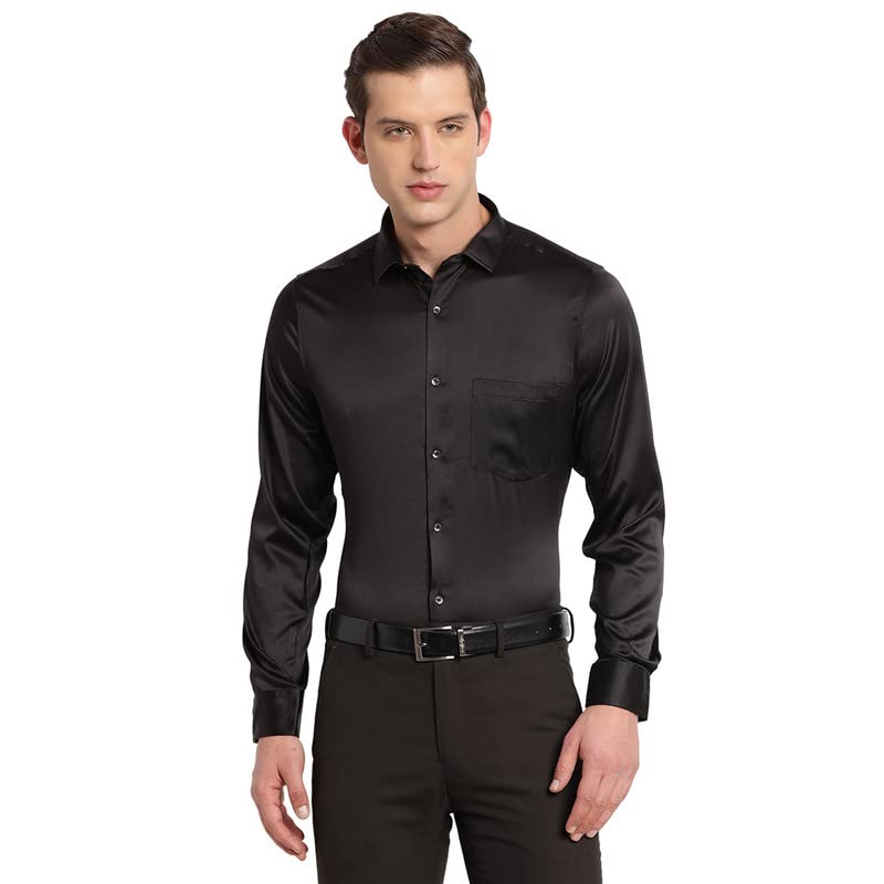 Turtle Men Satin Solid Slim Fit Party Shirts Black