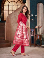 Stylum WomenS Red Solid & Embroidered Silk Straight Kurta Pant Dupatta Set