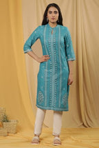 W For Woman W Women Blue Festive Floral Print Viscose Straight Kurta Set With Slim Pant