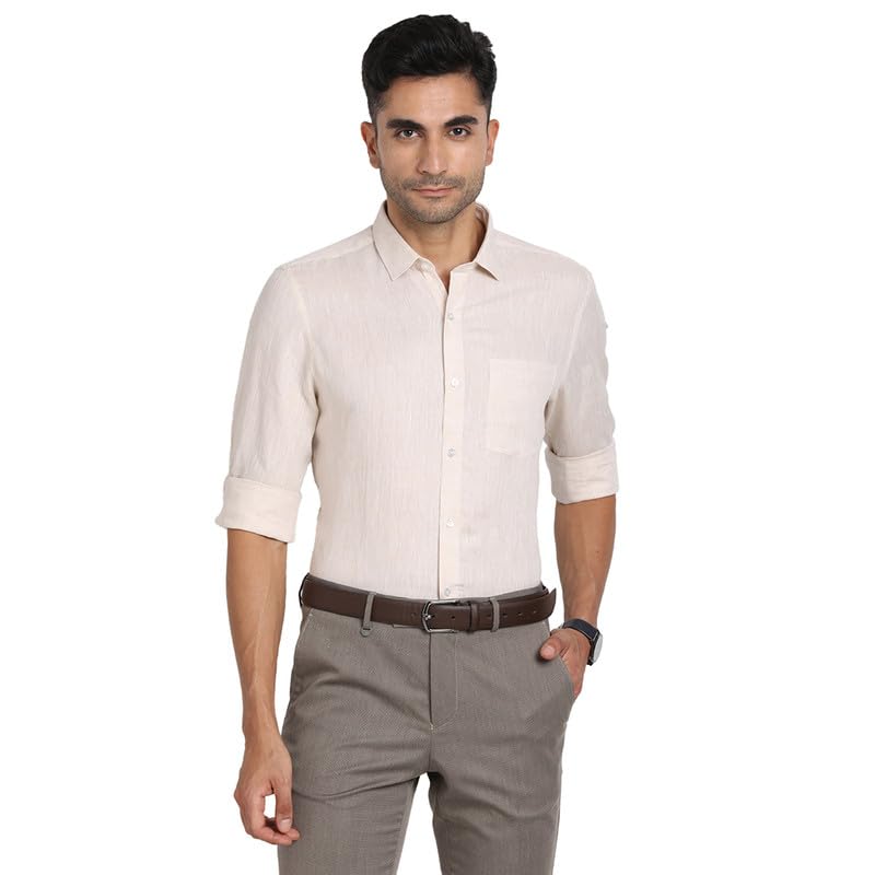 Turtle Men Pure Linen Beige Plain Slim Fit Full Sleeve Formal Shirt