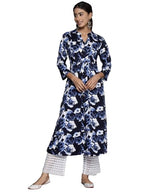 Varanga Navy Blue Floral Printed Mandarin Collar With Slit, Three Quarter Sleeves A-Line Kurta With Side Slits