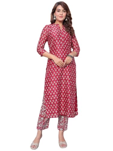 GRECIILOOKS Women Cotton Blend Casual Regular Fit Kurta Set (Red, Medium)