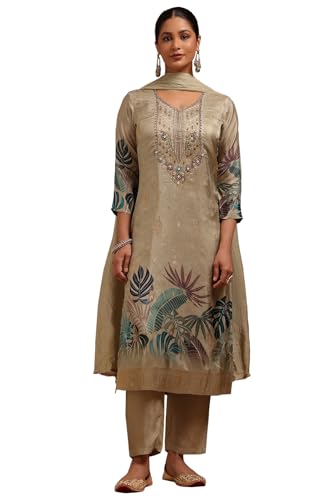Soch Women Russian Silk Botanical Print Suit Set with Work