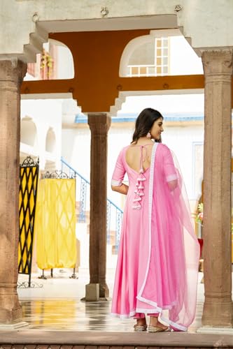 ANNI DESIGNER Womens Rayon Blend Anarkali Solid Kurta with Pant & Dupatta (TIESTA Baby Pink_M_Baby Pink_Medium)