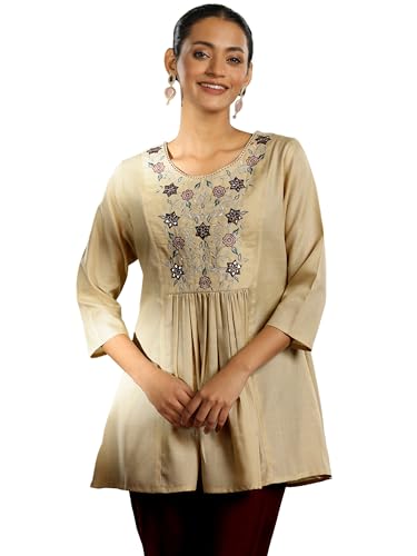 Libas WomenS Cotton Blend Yoke Design Regular Kurti (58232B Beige