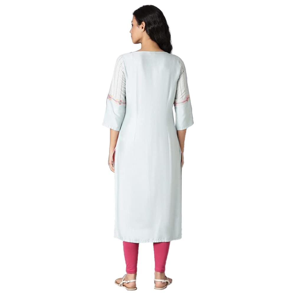 W For Woman Light Blue Geometric Printed Cotton Rayon Blend Straight Long Kurta
