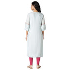 W For Woman Light Blue Geometric Printed Cotton Rayon Blend Straight Long Kurta