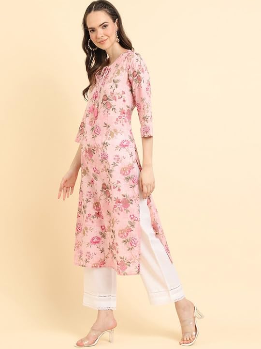Varanga Women'S Pink Floral Printed V-Neck 3/4 Sleeve Straight Kurta - Elegant & Comfortable (Double Extra Large)