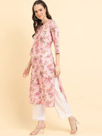 Varanga Women'S Pink Floral Printed V-Neck 3/4 Sleeve Straight Kurta - Elegant & Comfortable (Double Extra Large)