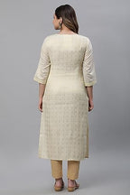 Aurelia Women'S Off White Geometric Embroidered Cotton Blend Straight Kurta