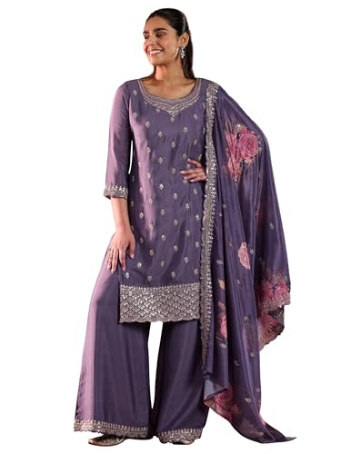 Libas Womens Embroidered Silk Blend Straight Kurta With Palazzos And Dupatta