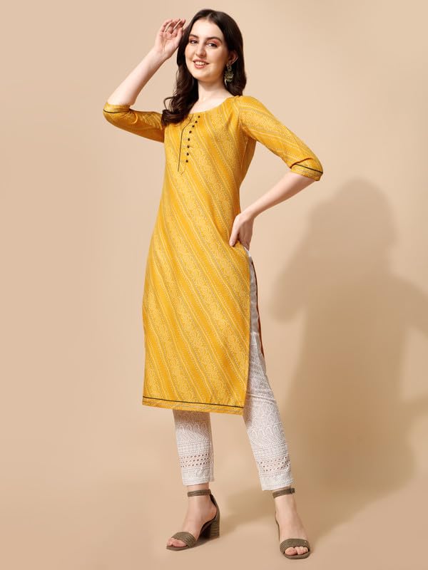 Nainvish Women'S Cotton Blend Straight Round Neck Printed Kurta (Sd414_K-Xxl._Yellow)