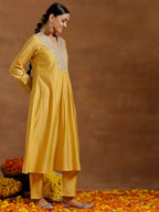 Libas Gerua Womens Yoke Design Silk Blend A-Line Kurta With Trousers