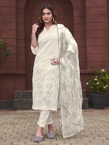 Womanista Womens Pure Cotton Solid Straight Embroidered Kurta Set (Kurtaset_1389_White