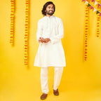 Bon Organik White Silk Kurta With Pajama Set For Men