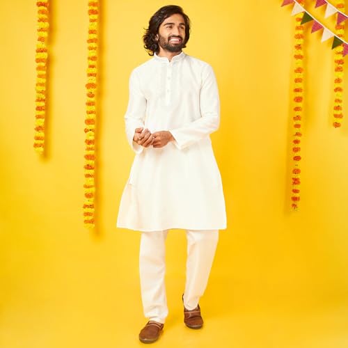 Bon Organik White Silk Kurta With Pajama Set For Men