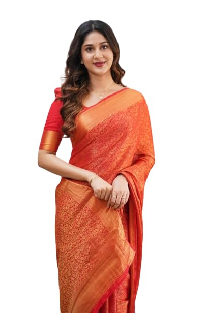 Flosive Womens Kanjivaram Silk Saree With Handloom Weaving Work With Blouse (ORANGE)