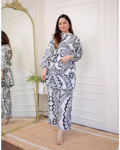 ANNI DESIGNER Womens Cotton Blend Printed Ethnic Co-ord Set (Qurom White_S_White_Small)