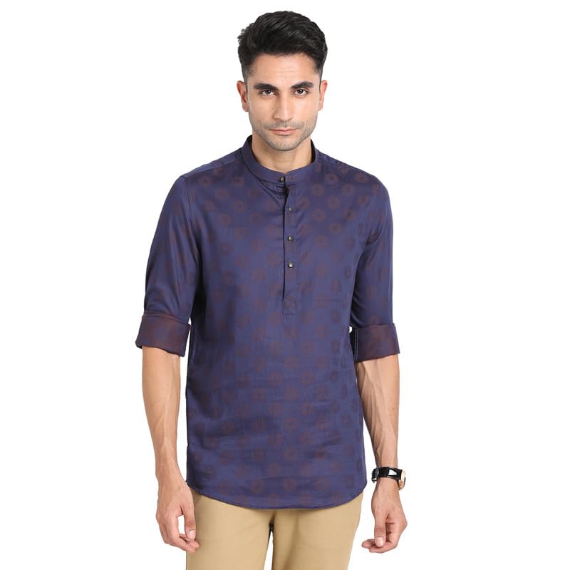 Turtle Men 100% Cotton Navy Jacqard Print Slim Fit Ceremonial Kurta