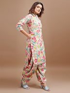 Womanista Women'S Silk Blend Foil Printed Poet Sleeve Tunic With Dhoti Pant Co-Ord Set (Co-Ords_9110)