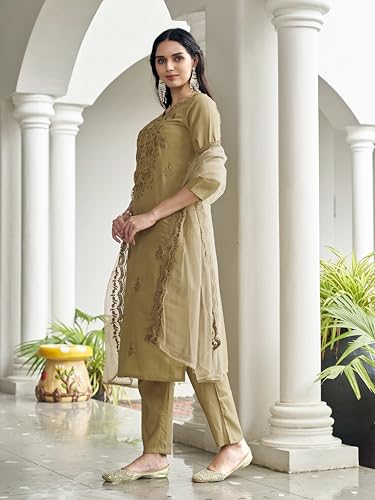 Womanista Women Golden Color Silk Blend Tonal Embroidered Kurta Set(Kurtaset_1367_M)