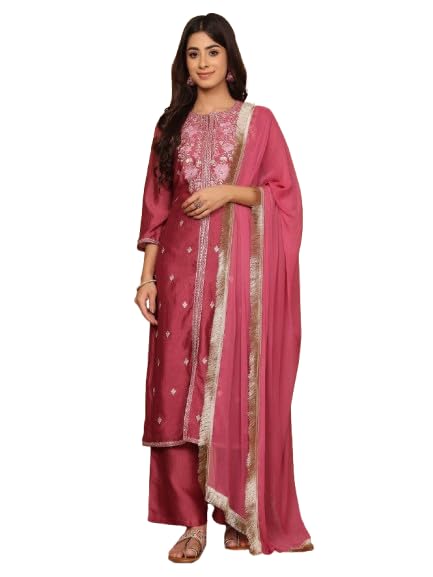 VARANGA Women Mauve Silk Thread Embroidered Kurta Set With Dupatta