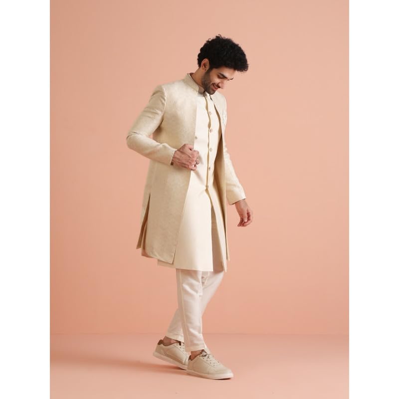 Kisah Mens Jacket Sherwani Trouser Set|Silk Blend Fabric Jacquard Pattern Indo-Western Ethnic Set For Men|Regular Fit Mandarin C