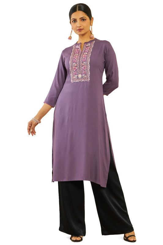 Soch Womens Purple Rayon Straight Kurta With Floral Embroidered Yoke