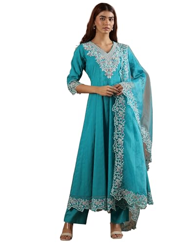 Libas Blue Embroidered Cotton Anarkali Kurta Set For Women (99802)