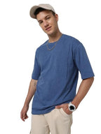 Bewakoof Air 1.0 Mens Solid Oversized Fit Half Sleeve Round Neck Cotton Melange T-Shirt_617063_ Blue_ L
