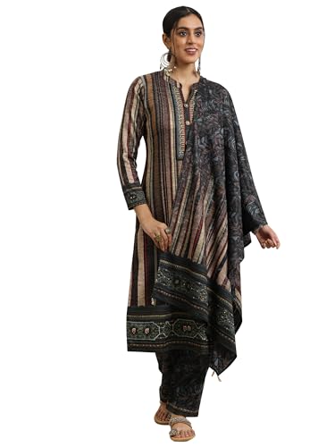 Libas Womens Printed Wool Straight Kurta With Palazzos And Dupatta