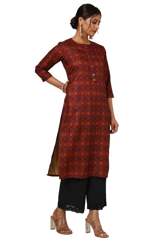 Soch Womens Maroon Linen Blend Ikat Print Kurta with Tassels